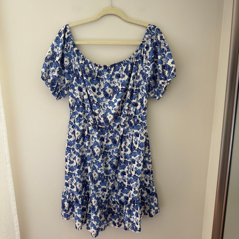 SHEIN Blue‎ Floral Puff Sleeve Off Shoulder Ruffle Mini Dress XXL 14